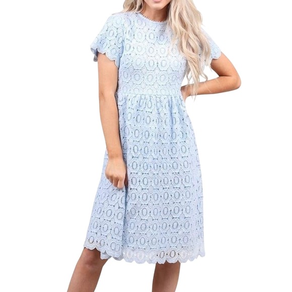 Mikarose Dresses & Skirts - Mikarose Womens Light Blue Lace Empire Waist Modest Dress XXL Scalloped Hem